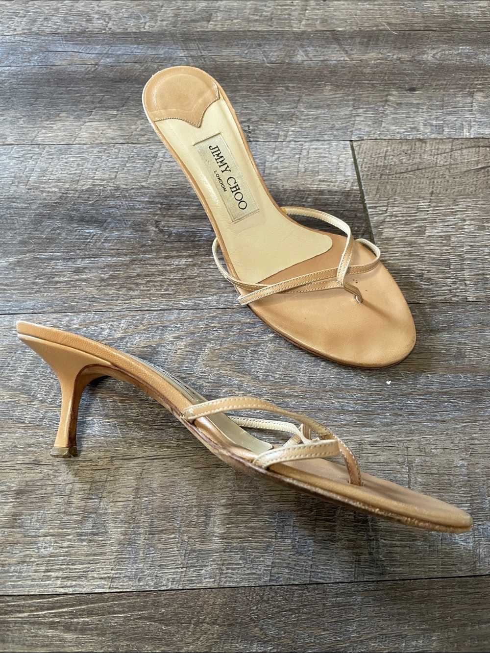 Jimmy Choo Nude Tan Leather Strappy Kitten Heels